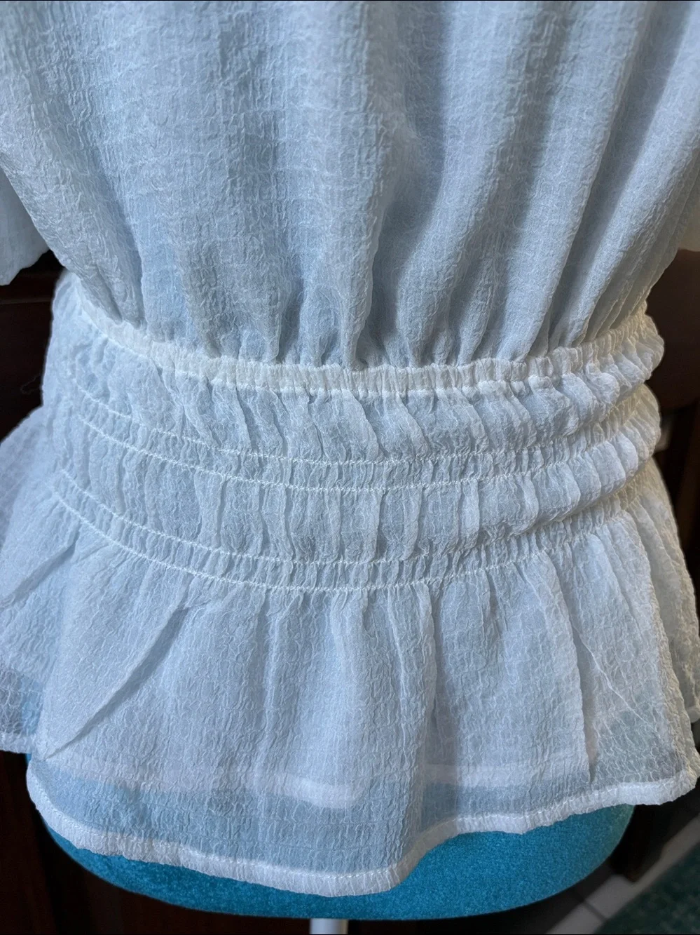 ASTR  Sheer Textured V-Neck Peplum Blouse with Puff Sleeves  white   lined  NWOT